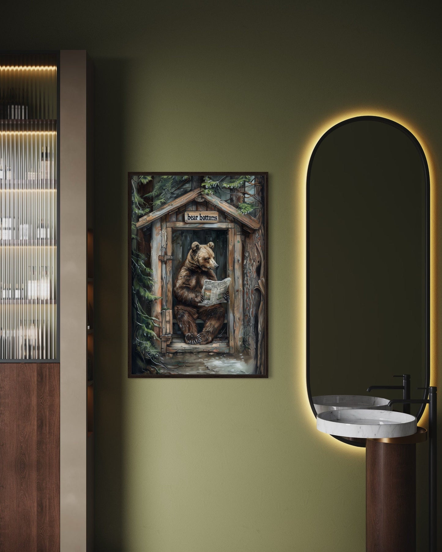 Bear In Outhouse Toilet In The Forest Reading Newspaper Cabin Picture Canvas Wall Art