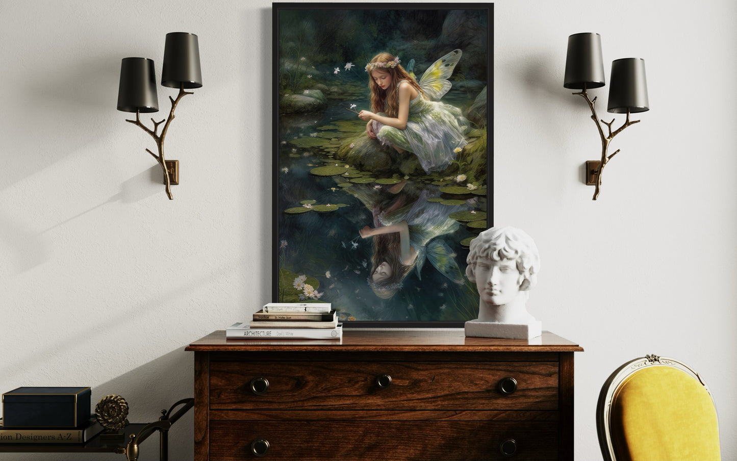 Beautiful Forest Looking At Her Reflection Fairy Near Pond Framed Canvas Wall Art
