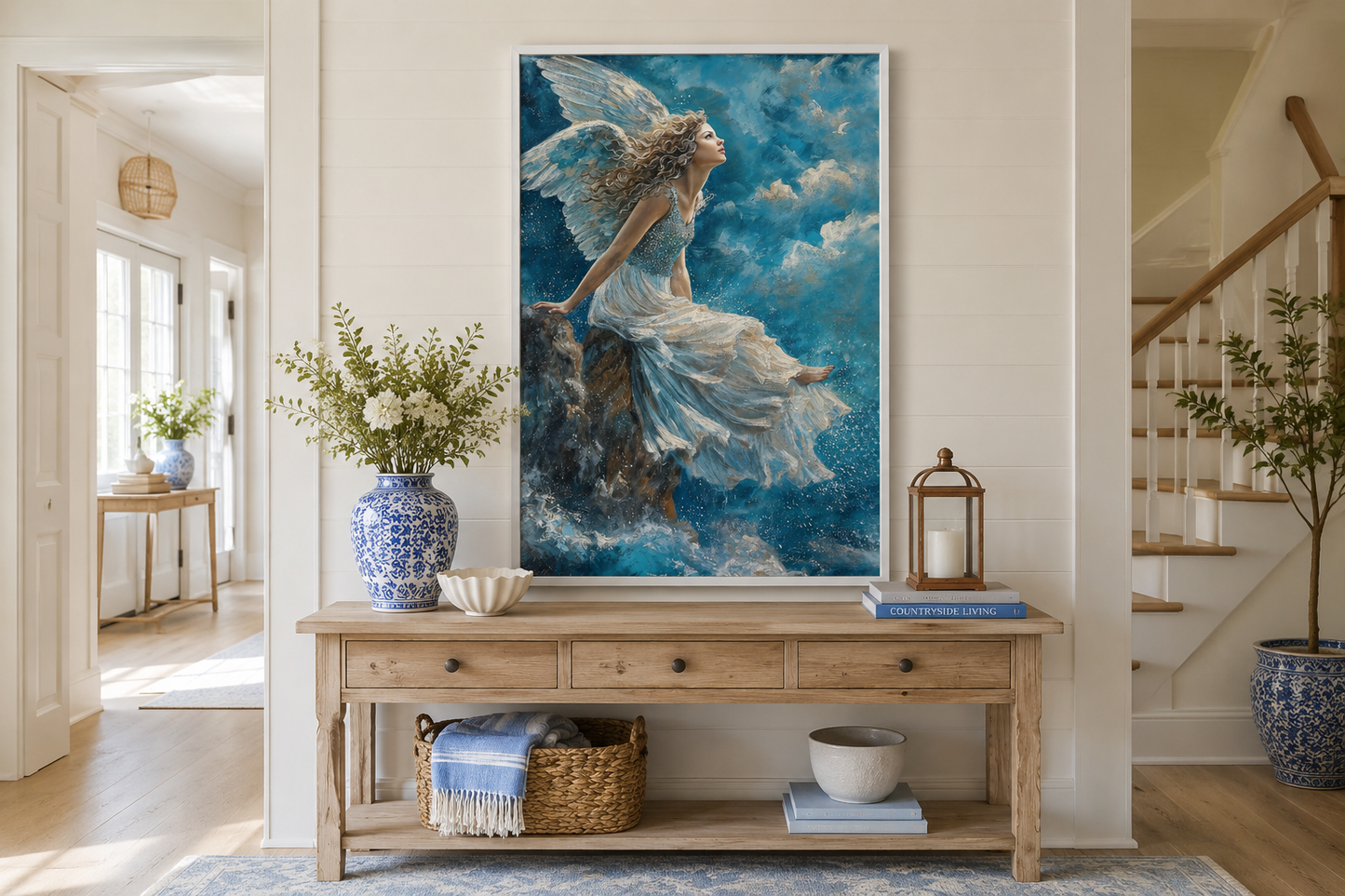 Beautiful Angel Sitting On Top A Mountain Among Clouds in Heaven Christian Wall Art