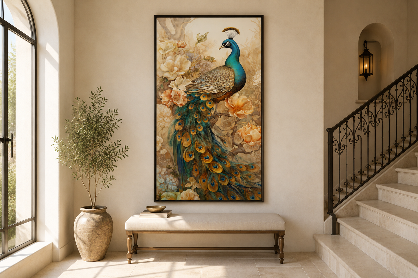 Golden Peacock Wall Art – Vertical Canvas Print with Metallic Gold Accents for Elegant Home Decor