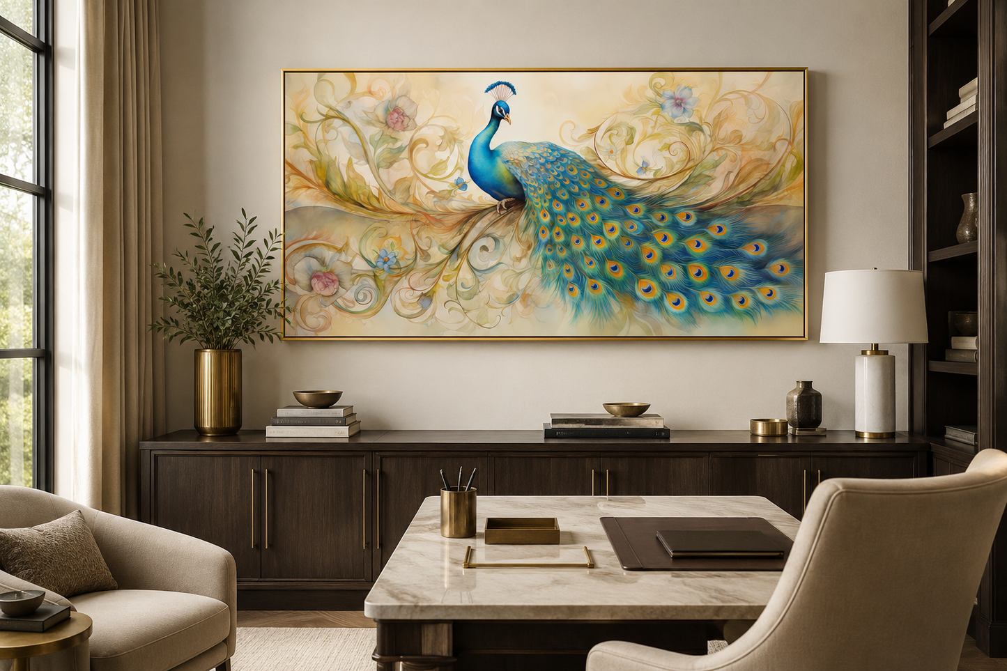 Gold Green Peacock Framed Canvas Wall Art