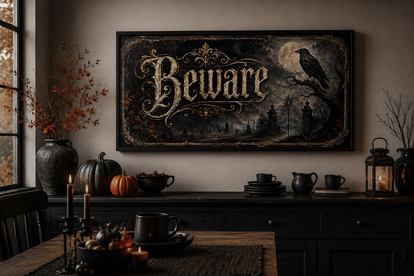 Beware Halloween Sign – Vintage Halloween Canvas Print With Black Cat Pumpkin Art