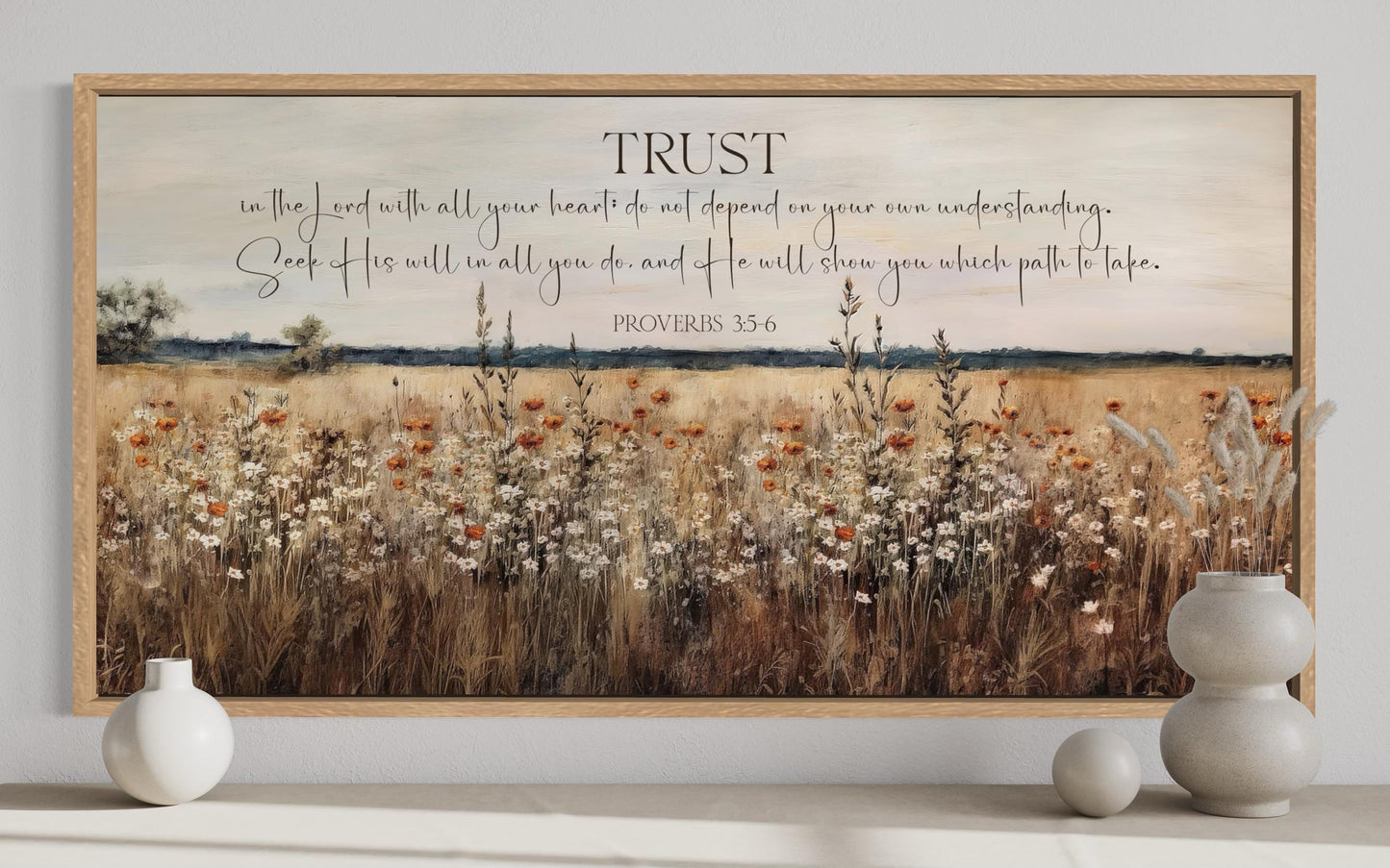 Bible Verse Wall Art - Trust In The Lord Proverbs 3:5 Scripture Canvas with Wildflower Field
