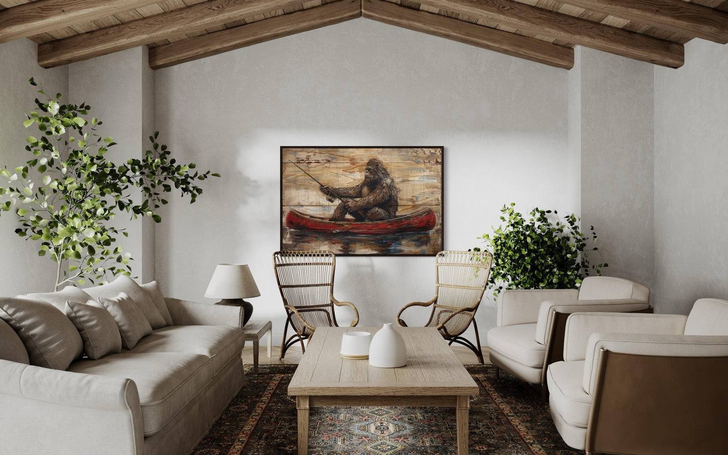 Bigfoot In Canoe Rustic Framed Canvas Wall Art For Cabin Or Man Cave Decor