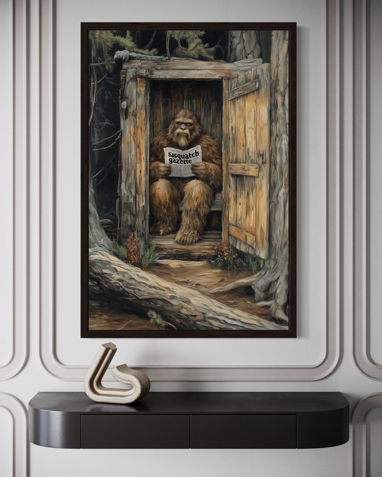 Bigfoot In Outhouse Toilet In The Forest Reading Newspaper Canvas Wall Art