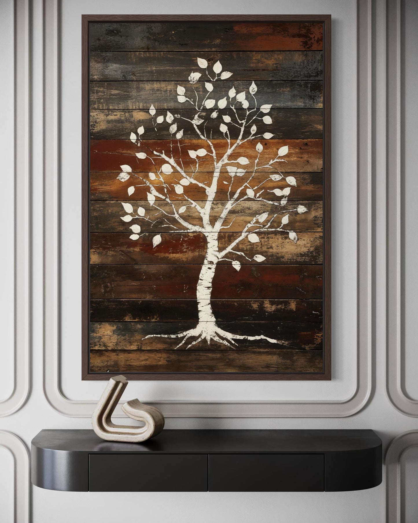 Birch Tree On Rustic Wood Planks Canvas Wall Art