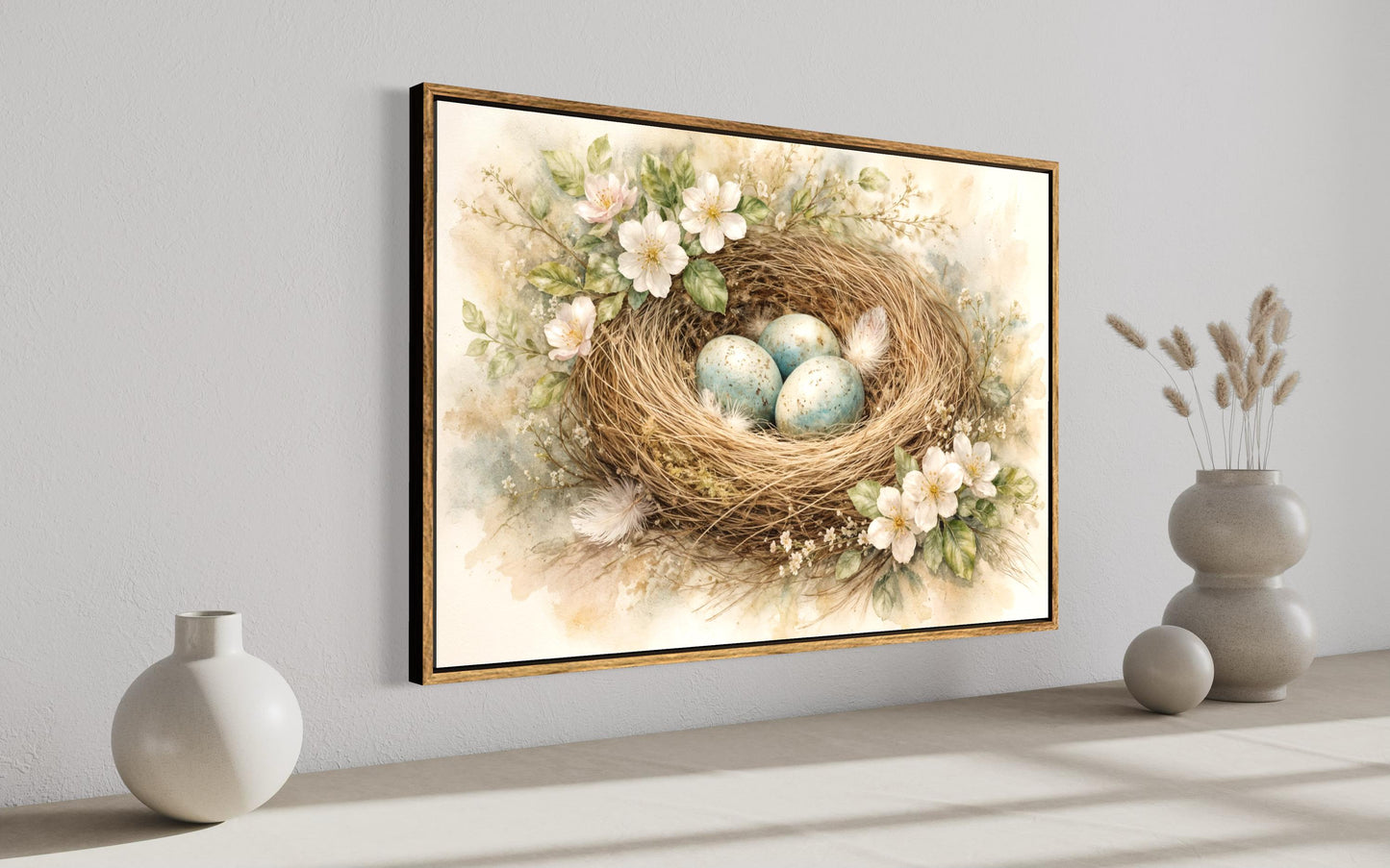 Bird Nest Wall Art – Easter Nest Canvas Print | Soft Pastel Spring Floral Decor