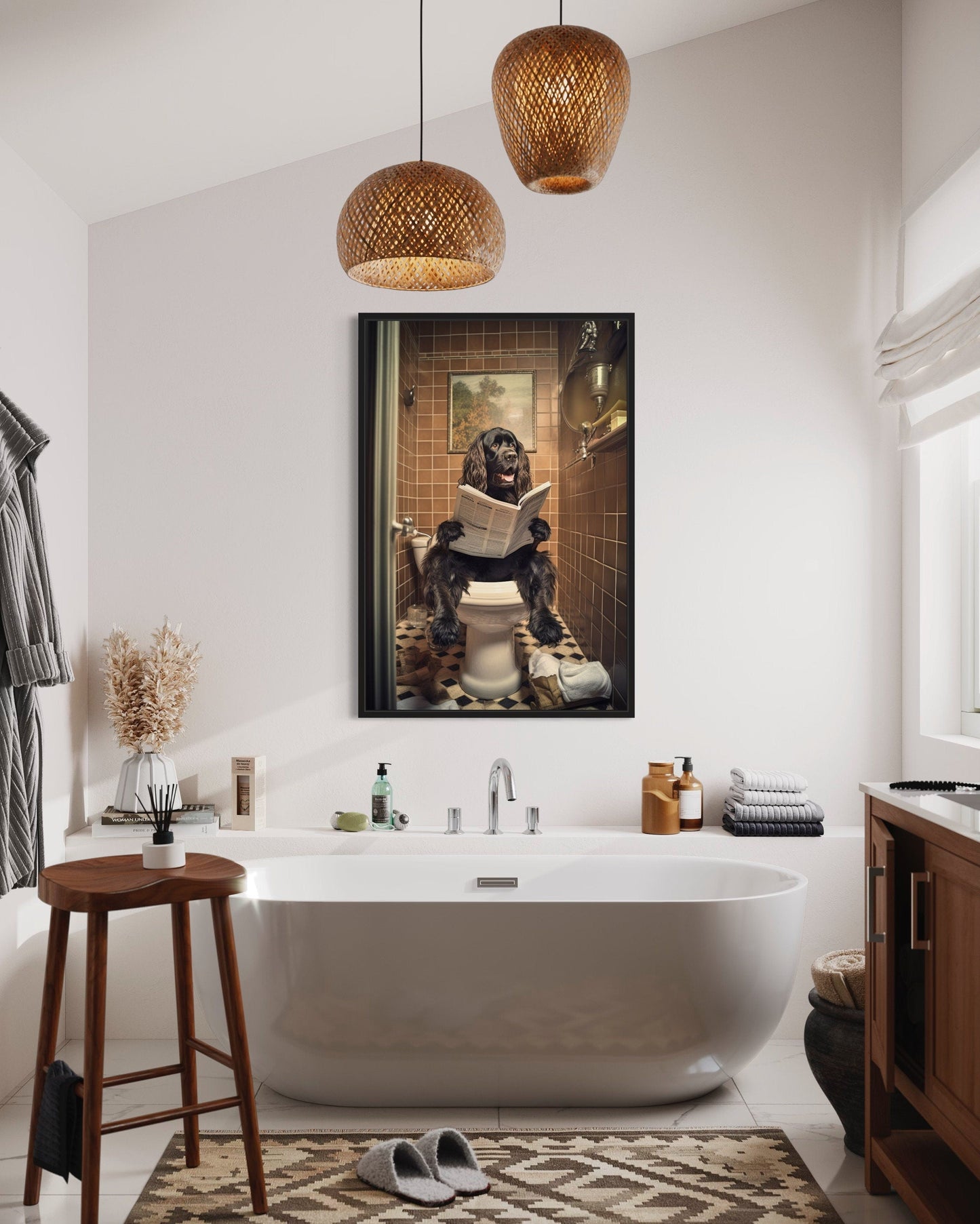Black Cocker Spaniel Dog On The Toilet Reading Newspaper Picture Canvas Wall Art