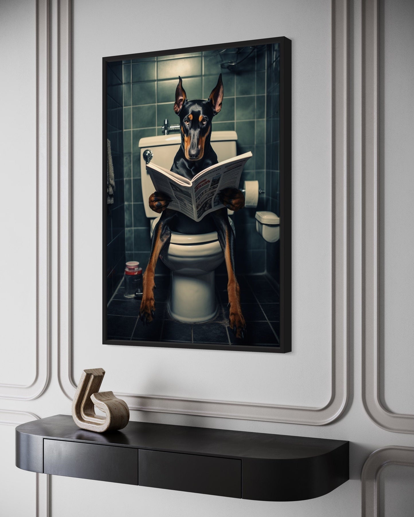 Black Dobermann Dog On The Toilet Reading Newspaper Picture Canvas Wall Art