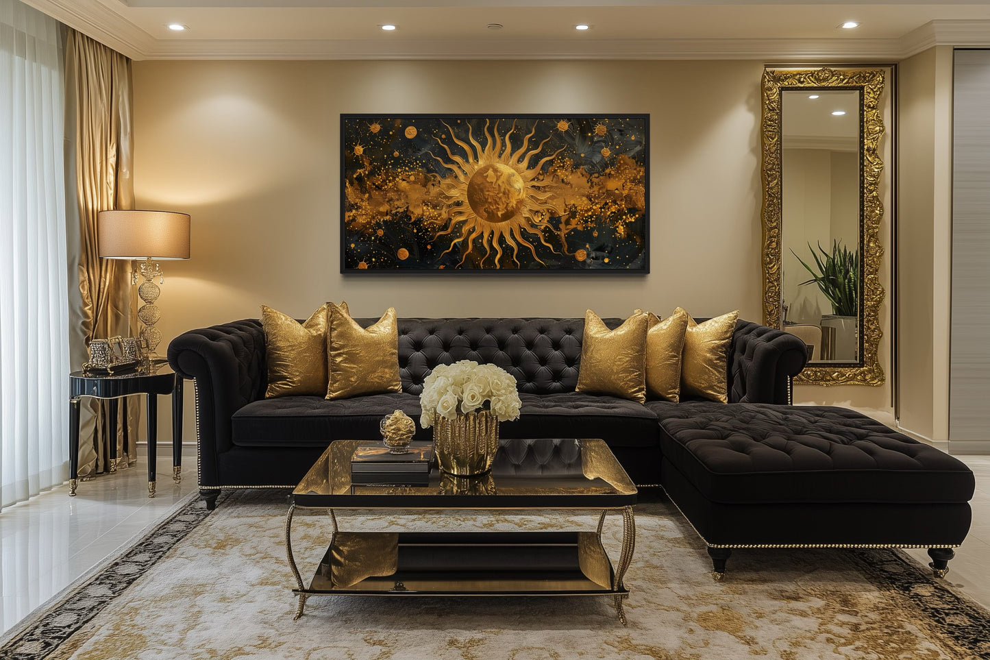 Black Gold Sun Art – Celestial Wall Art | Framed Canvas Print