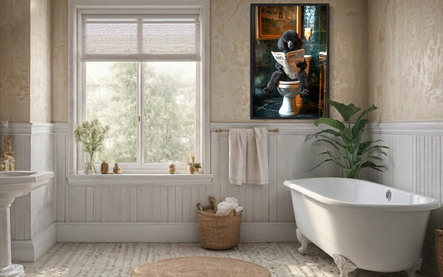 Black Medium Poodle On Toilet Reading Newspaper Picture Canvas Wall Art