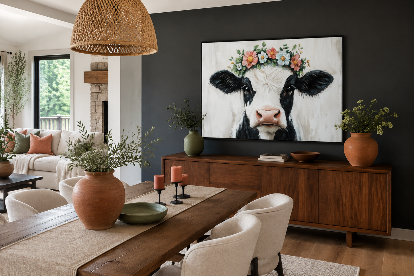 Cow With Floral Wreath Canvas Wall Art – Rustic Farmhouse Floral Decor