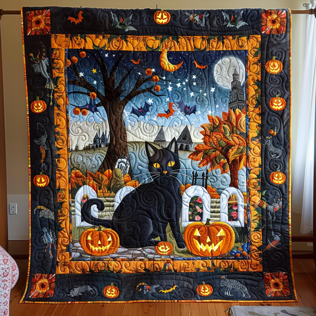 Black Cat Pumpkin Quilted Blanket - Throw (55" x 60")