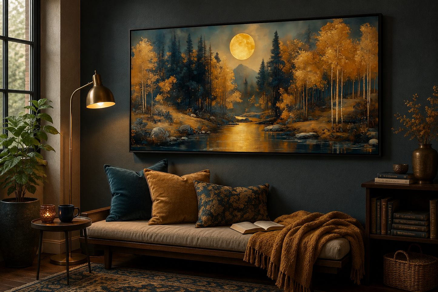 Black Gold Art Nouveau Trees Forest And Moon Landscape Framed Canvas Wall Art