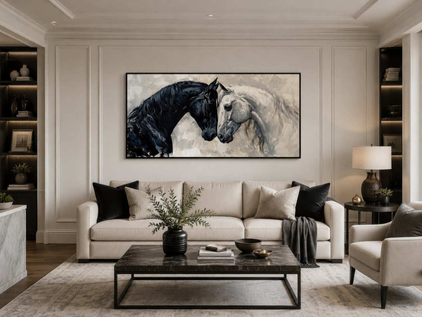 Black White Horses Art – Framed Canvas Wall Art for Modern Minimalist Decor