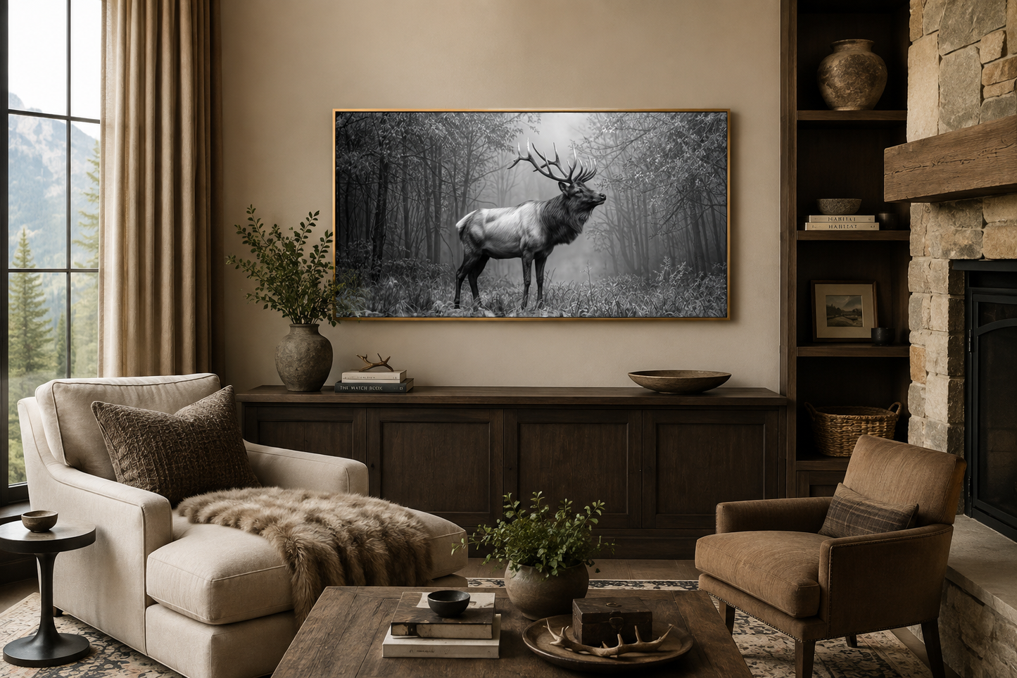 Elk Stag In The Forest Black White Photography Framed Canvas Wall Art