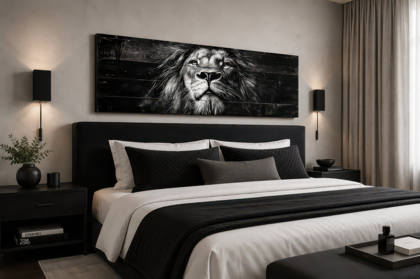 Black and White Lion Long Horizontal Canvas Wall Art For Men