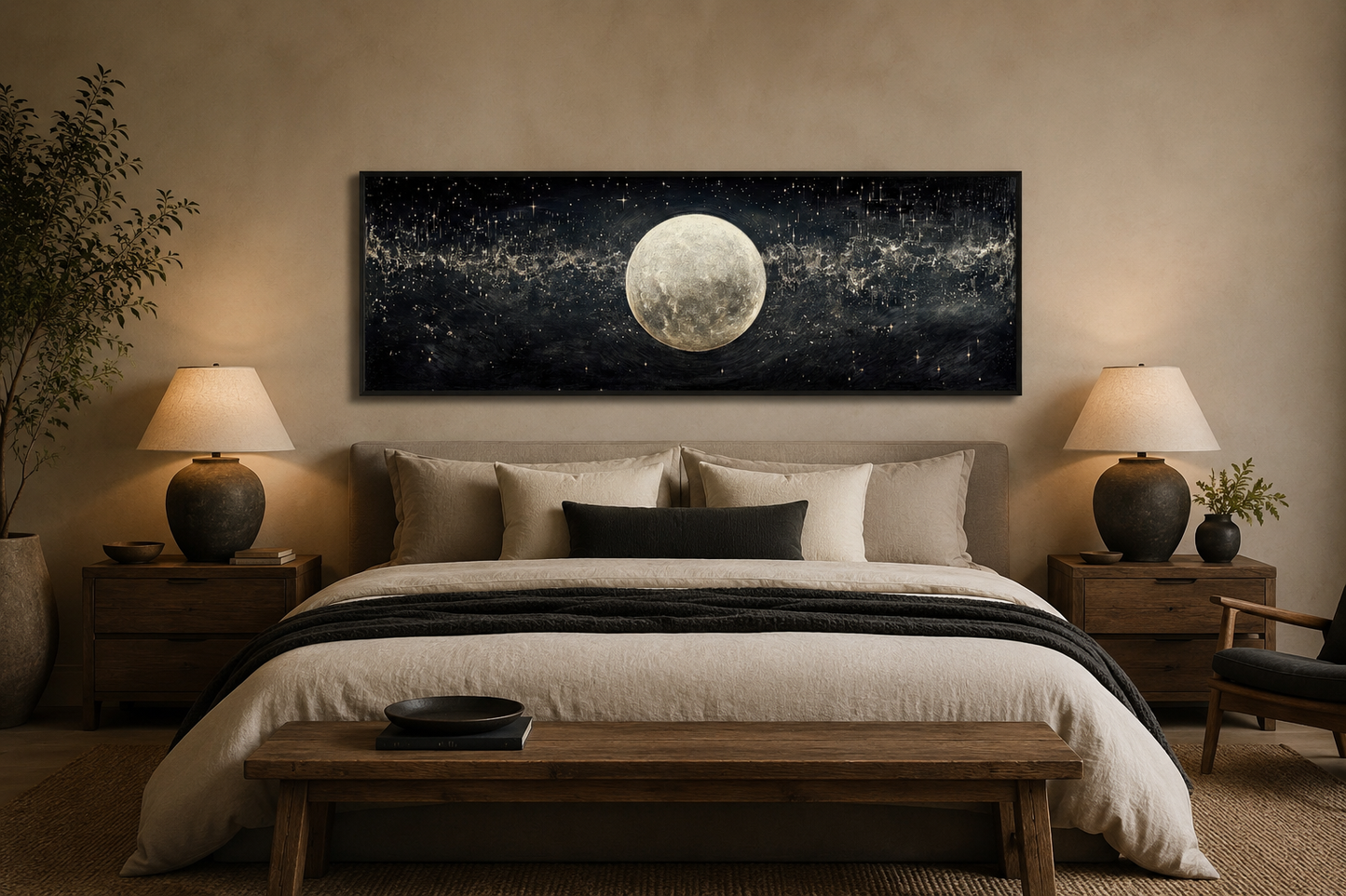 Black and White Moon In Starry Sky Horizontal Above Bed Wall Art