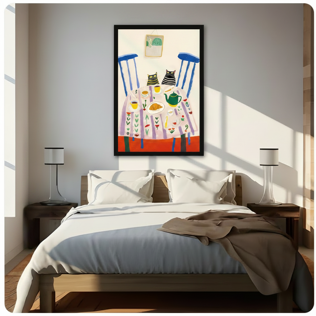 Whimsical Cats Tea Party Folk Art Canvas Wall Art