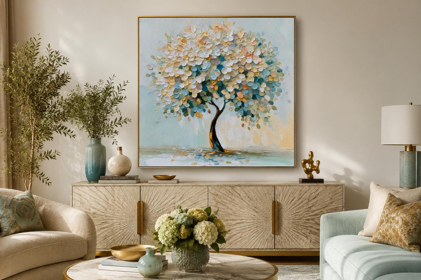 Blooming Tree Wall Art - Pastel Blue Tree Canvas Print for Living Room Decor