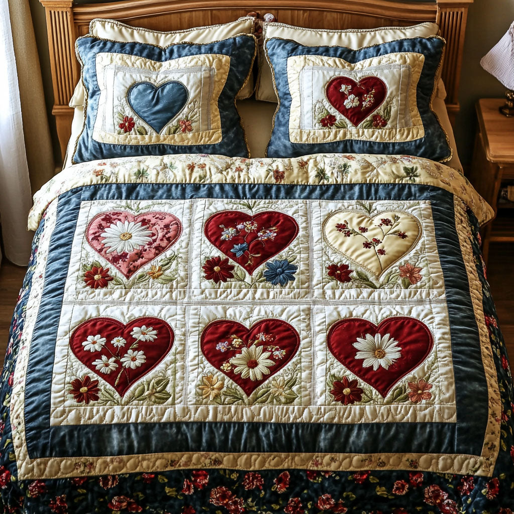 Blooming Hearts Elegance 3-Piece Quilted Bedding Set - Single (59" x 70")