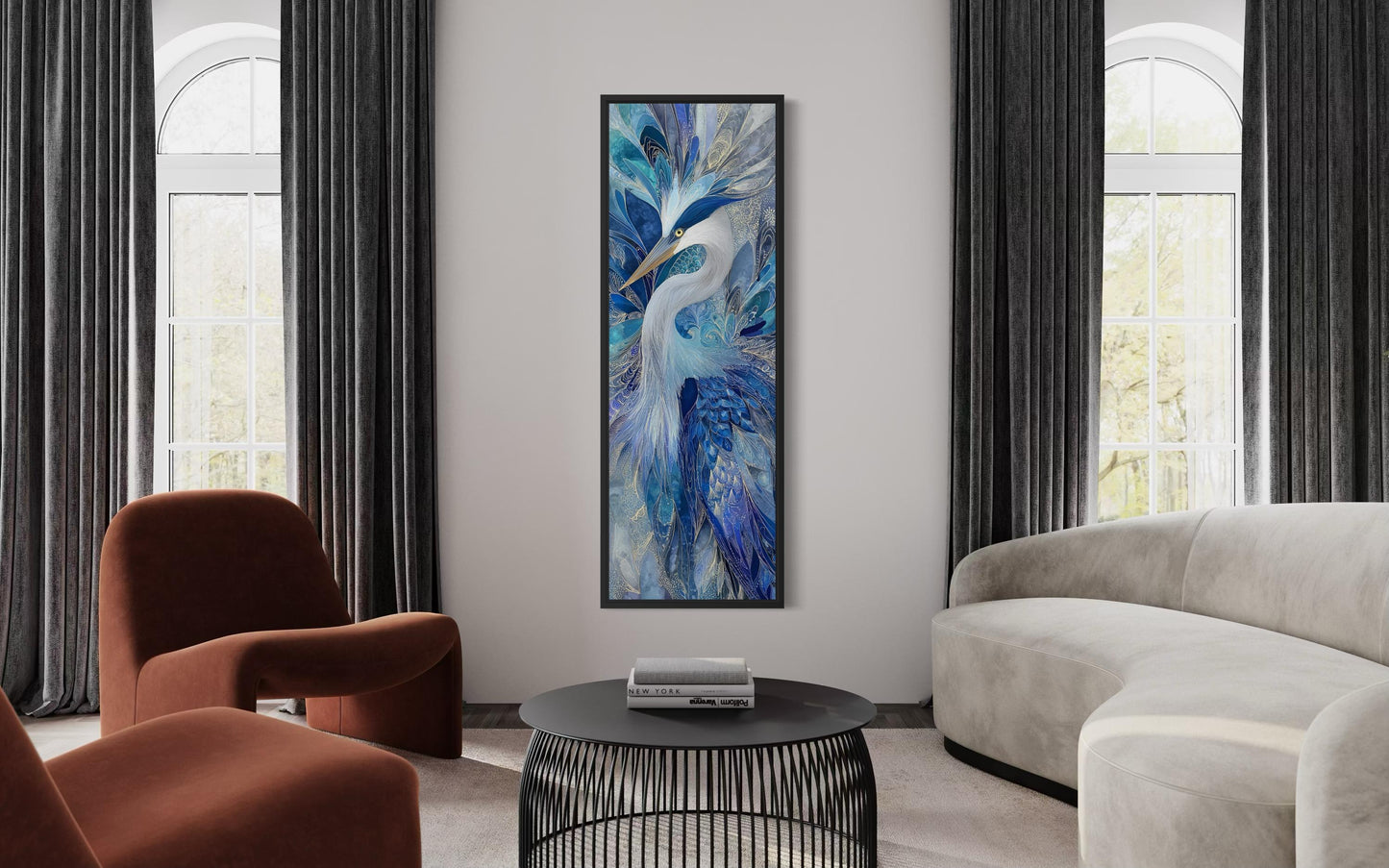 Blue Bird Wall Art - Vertical Canvas Print | Elegant Heron Artwork, Navy Blue Decor