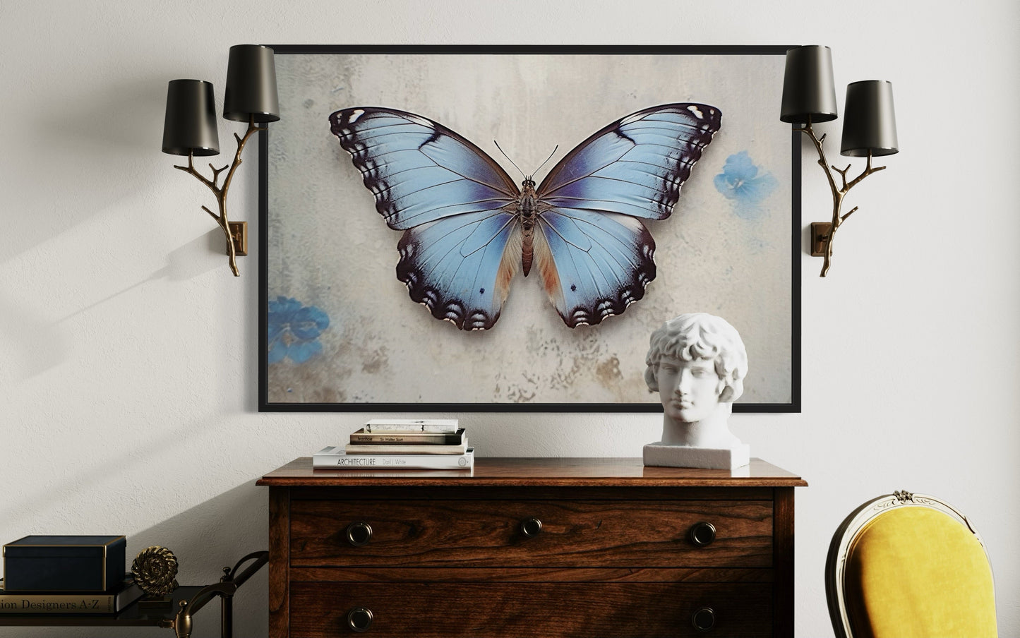 Blue Butterfly Rustic Framed Canvas Wall Art