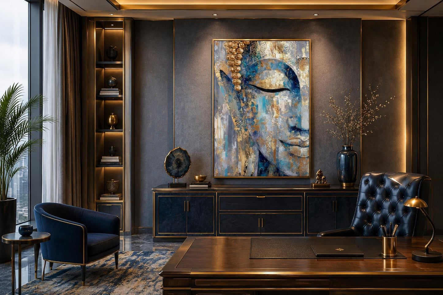 Blue Gold Abstract Buddha Canvas Wall Art For Zen Meditation Or Living Room