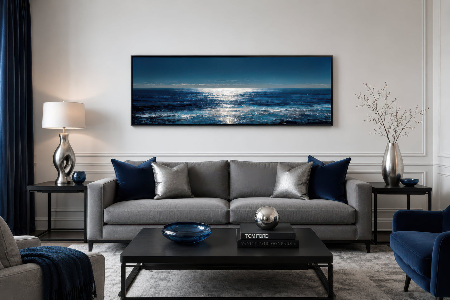 Blue Silver Ocean Horizon Long Horizontal Seascape Wall Art