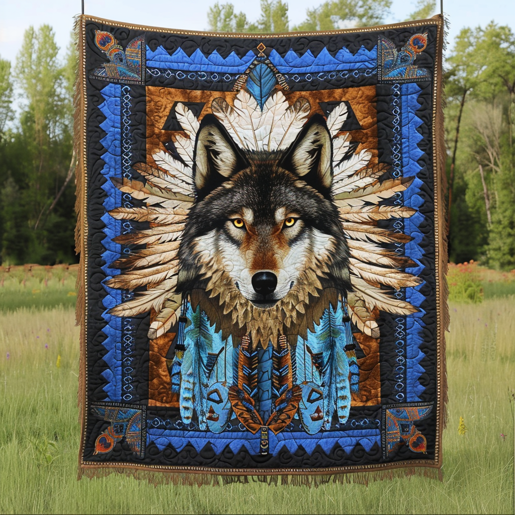 Blue Native Wolf Quilted Blanket - Throw (55" x 60")