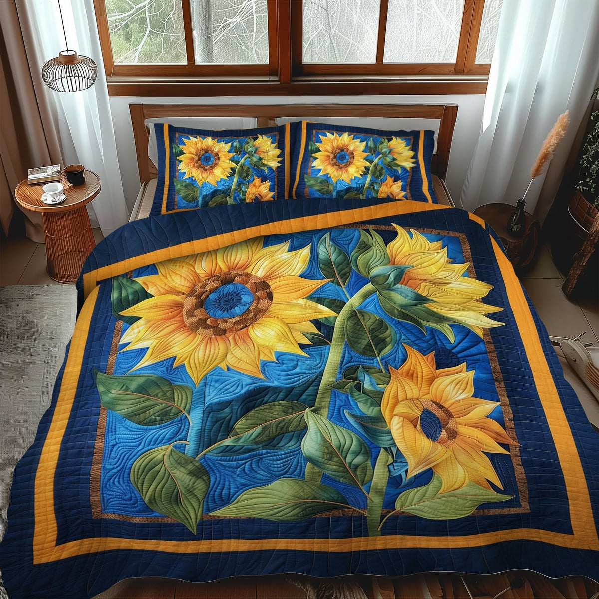 Blue Sunny Bloom 3-Piece Quilted Bedding Set - Single (59" x 70")