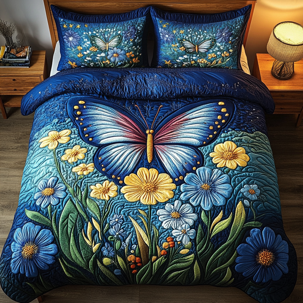 Blue Blossom Flight 3-Piece Quilted Bedding Set - Single (59" x 70")