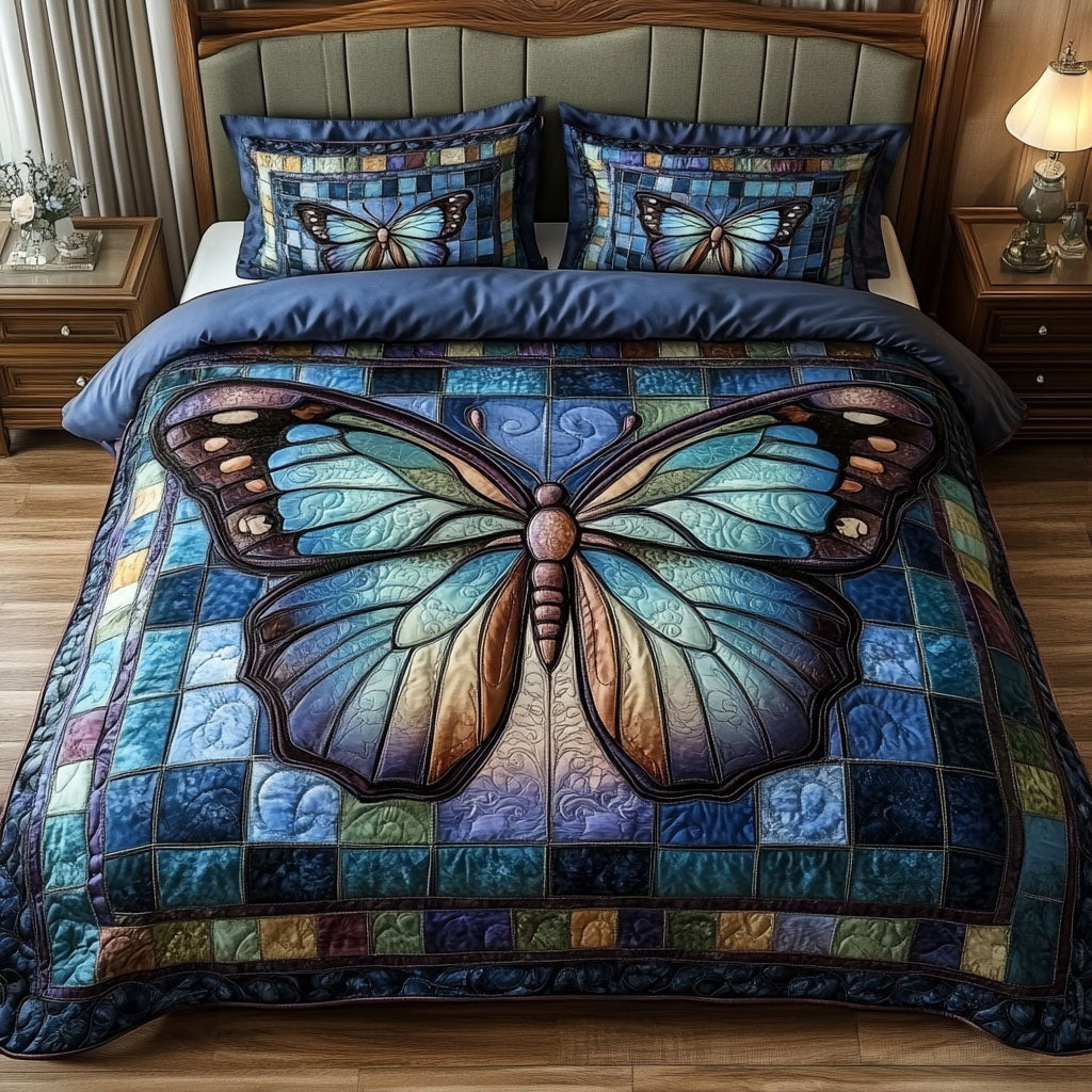 Blue Butterfly Dreams 3-Piece Quilted Bedding Set - Single (59" x 70")