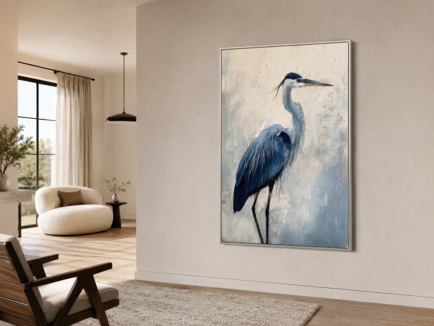 Blue Heron Abstract Painting Coastal Framed Canvas Wall Art