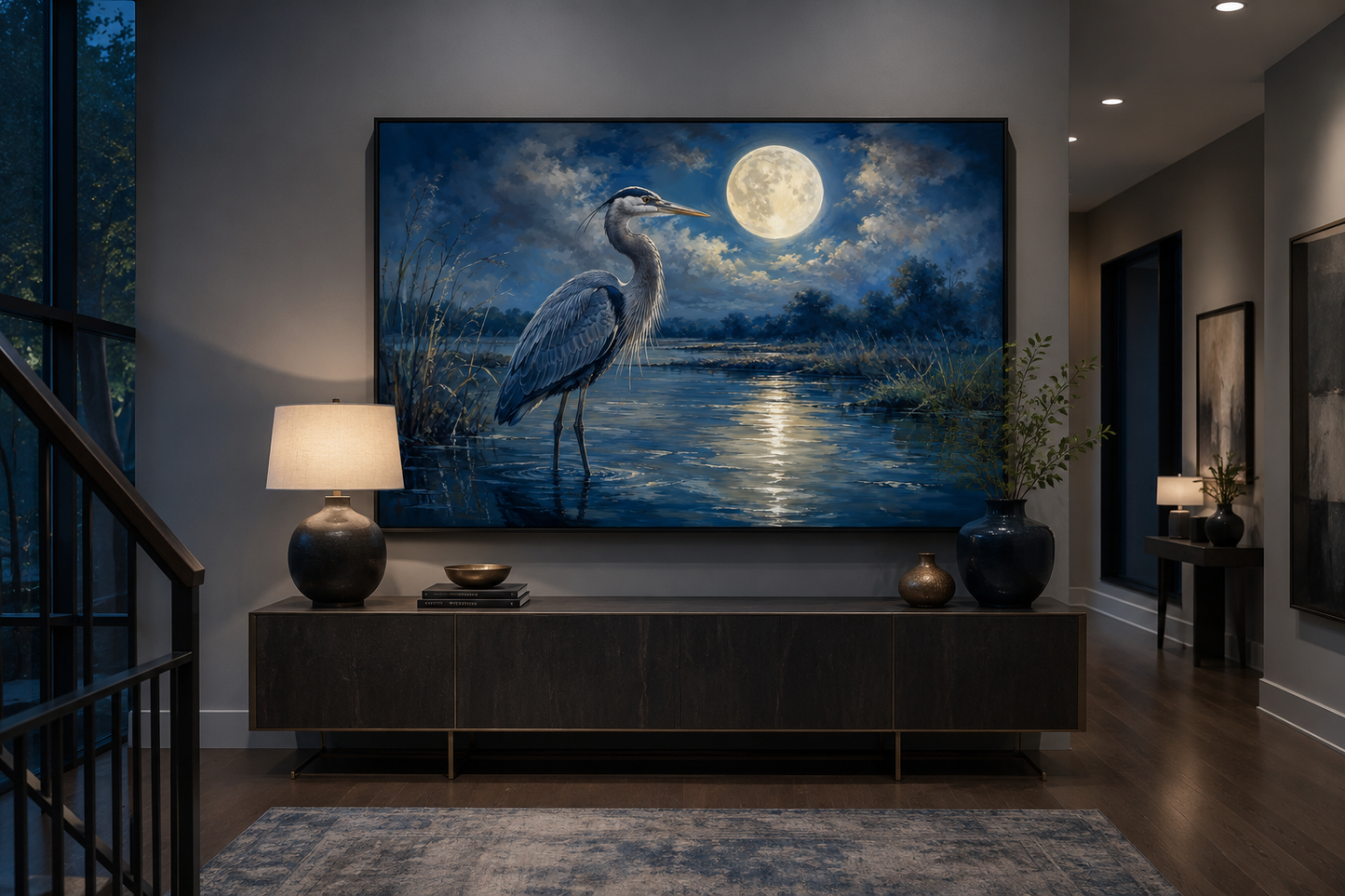 Great Blue Heron And Full Moon At Night Framed Canvas Wall Art