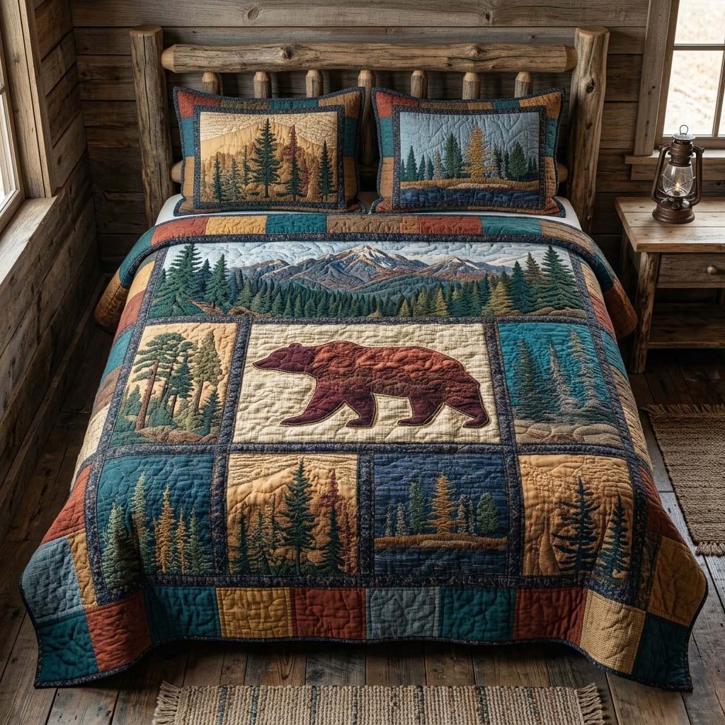 Blue Mountain Bear 3-Piece Quilted Bedding Set - Single (59" x 70")