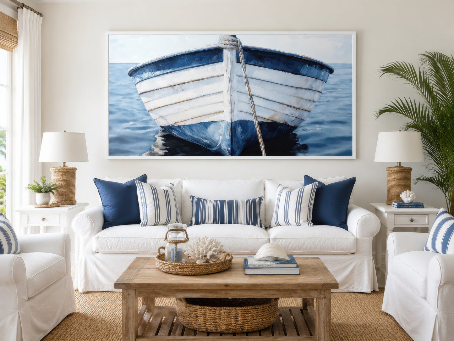 Rustic Boat Wall Art – Blue White Boat Wall Decor | Coastal Nautical Canvas Print