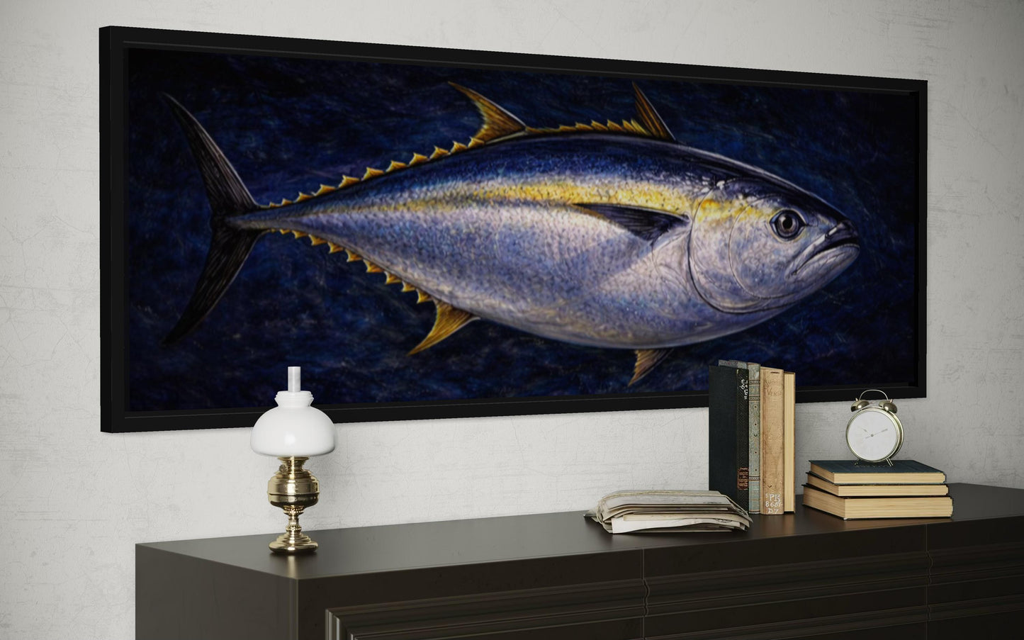 Bluefin Tuna Wall Art – Long Horizontal Canvas Fish Painting | Nautical Decor