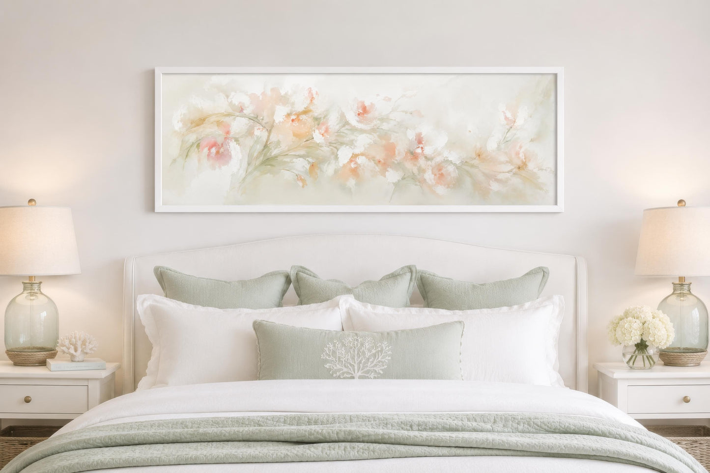 Blush Pink Floral Wall Art – Soft Watercolor Canvas Flower Painting | Long Horizontal Art