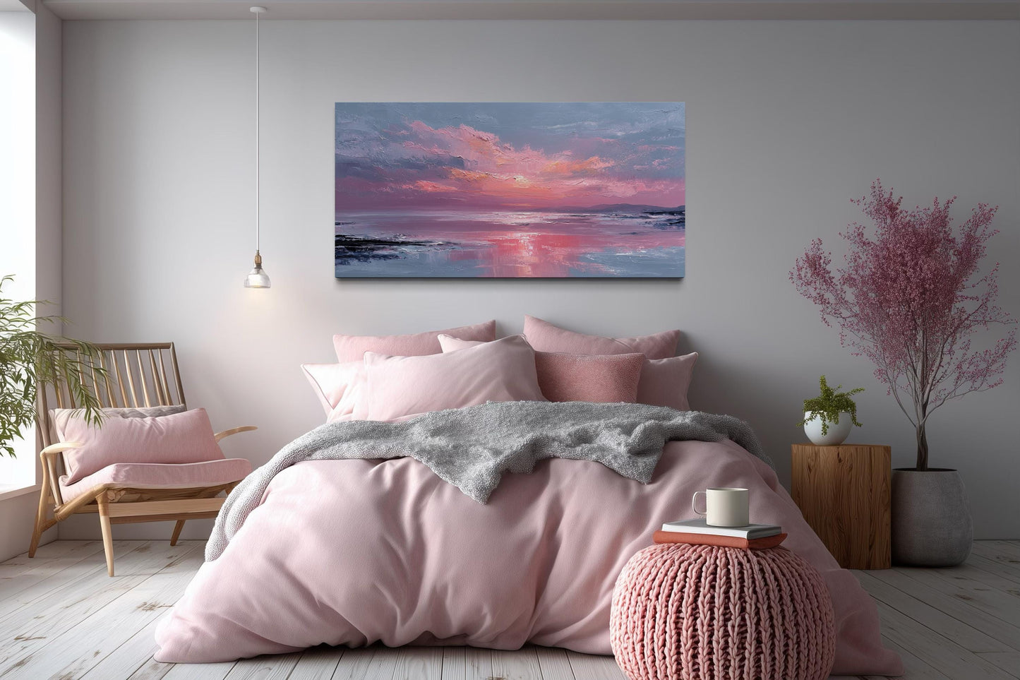 Blush Pink Ocean Sunset Coastal Canvas Wall Art