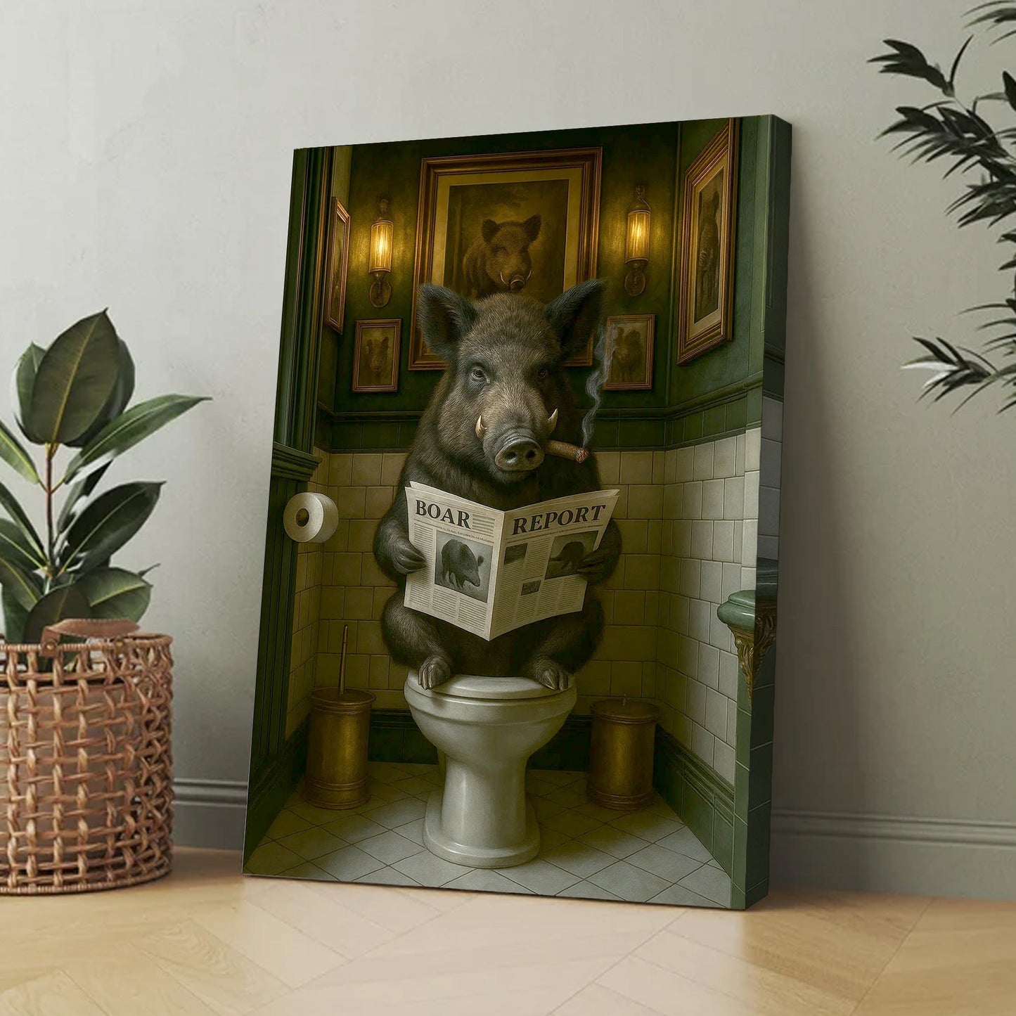 Funny Comical Wild Hog Poster – Smoking Boar on Toilet - Unique Rustic Gift for Hunters or Cabin Bathroom Decor Canvas W