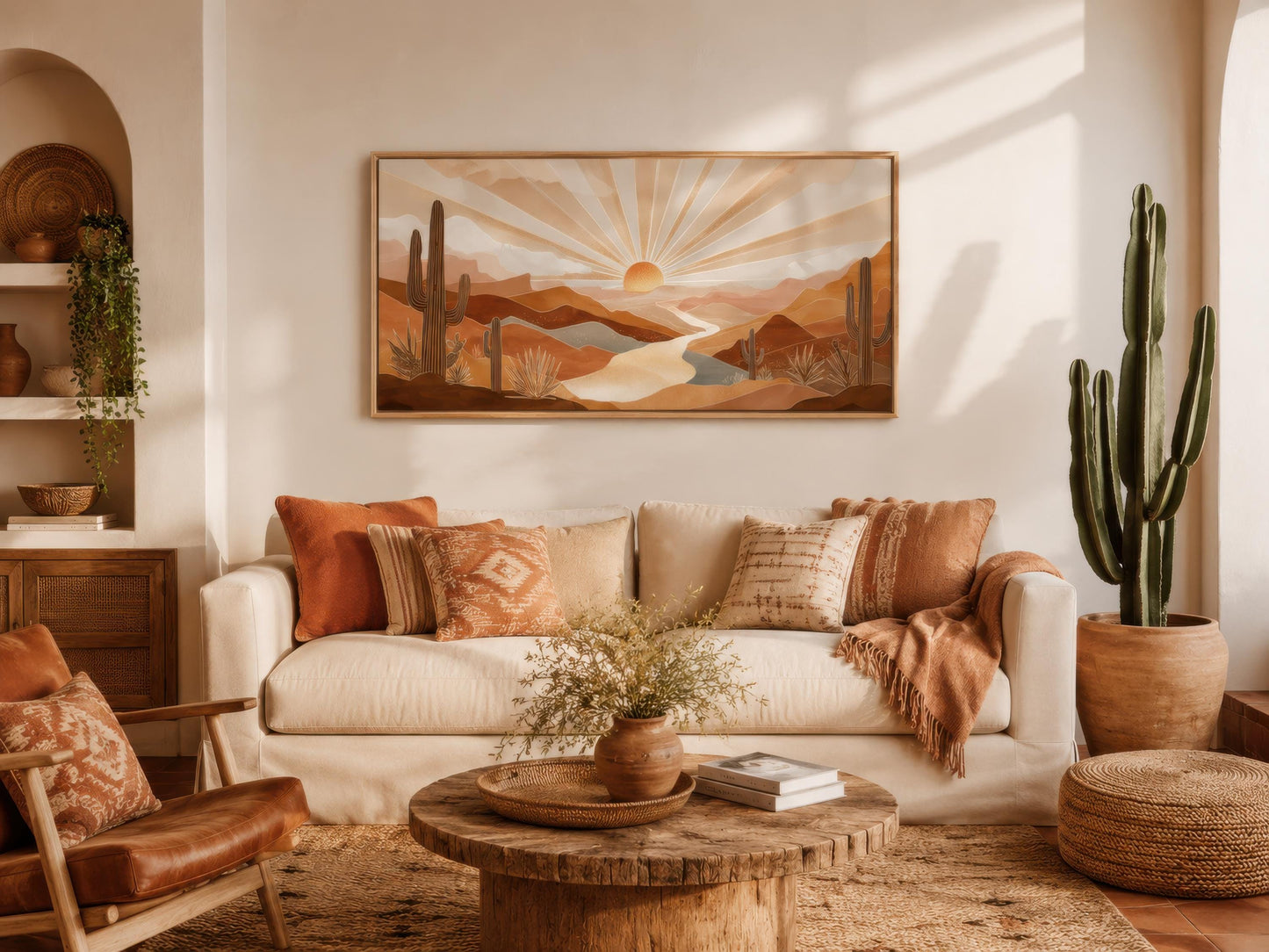 Boho Desert Sunset Wall Art - Southwest Landscape Painting | Saguaro Cactus Canvas Print