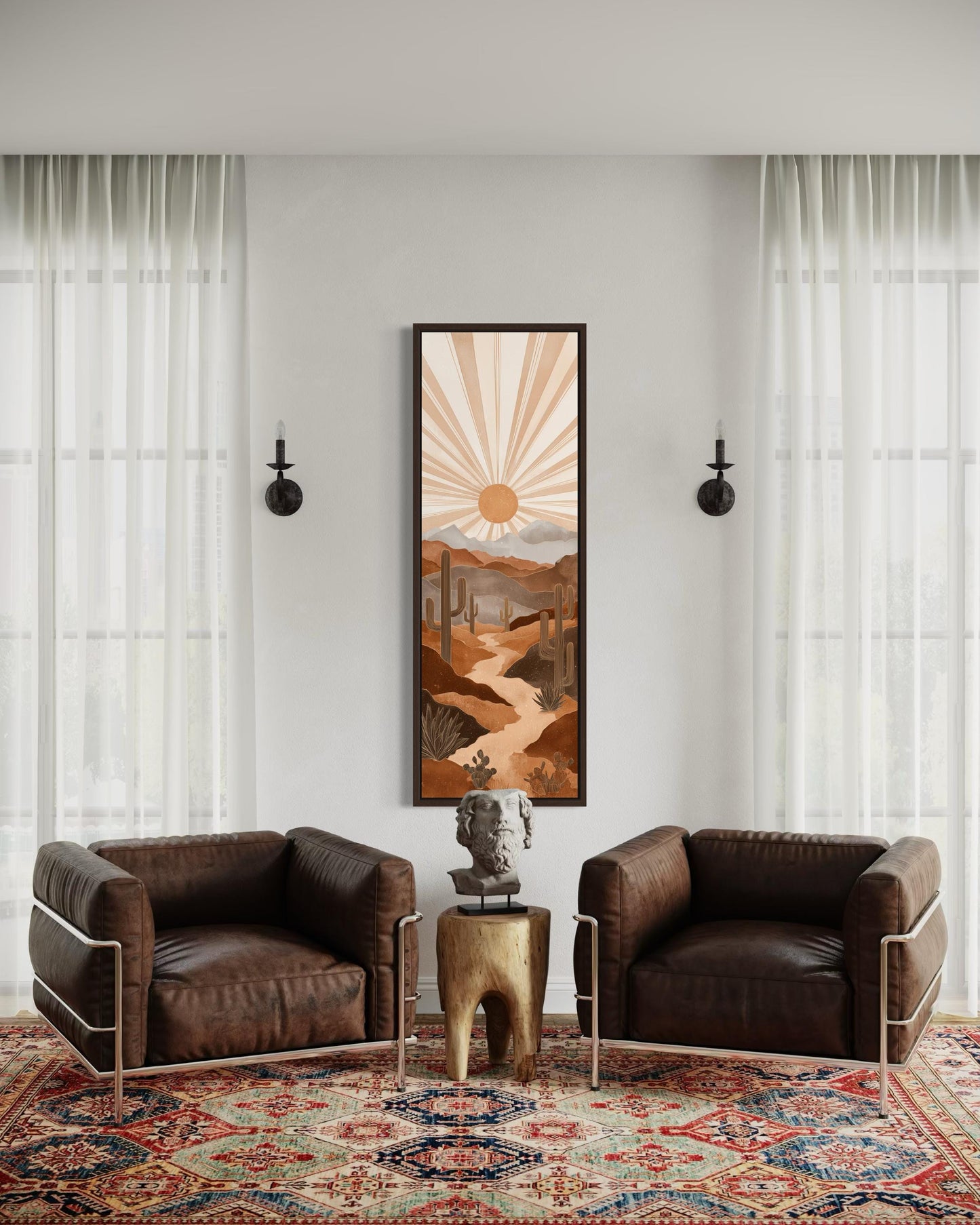 Boho Saguaro Wall Art - Tall Narrow Desert Cactus Canvas | Southwest Terracotta Decor