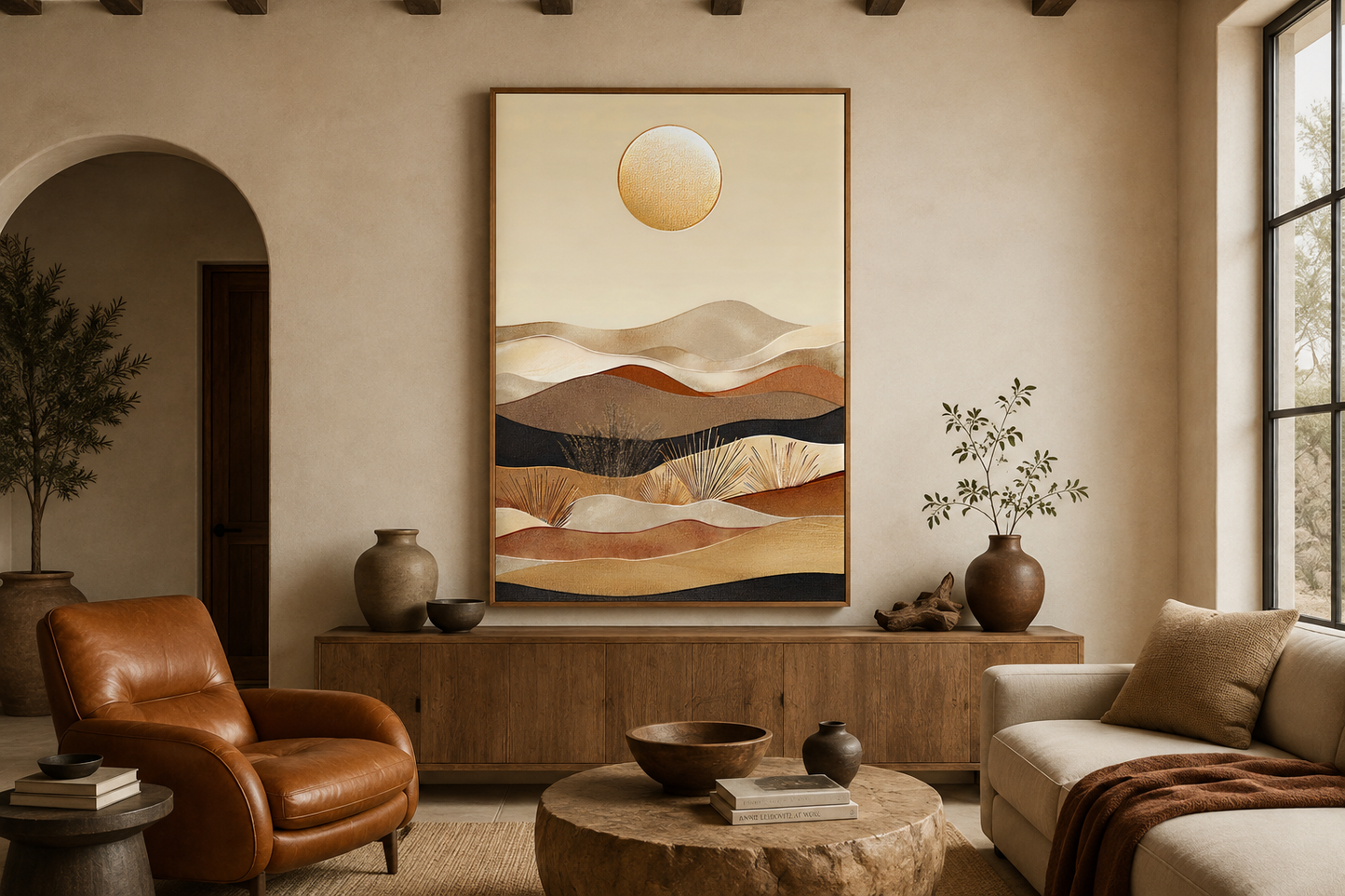 Boho Desert Vertical Mid Century Modern Framed Canvas Wall Art In Neutral Colors