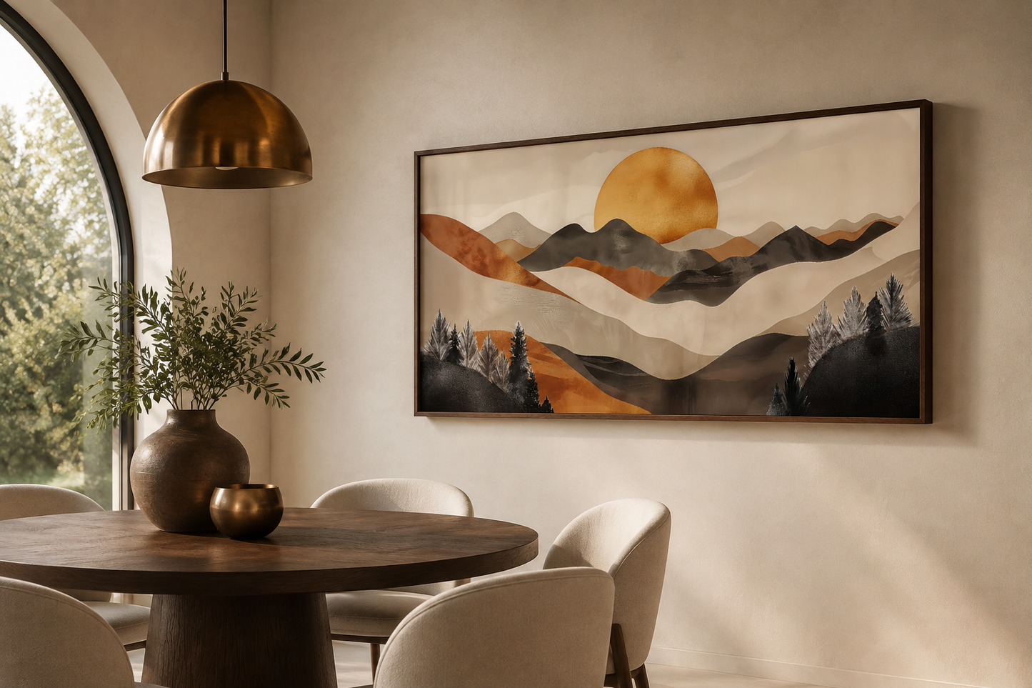 Boho Mountain And Sun Brown Beige Earth Tones Framed Canvas Wall Art