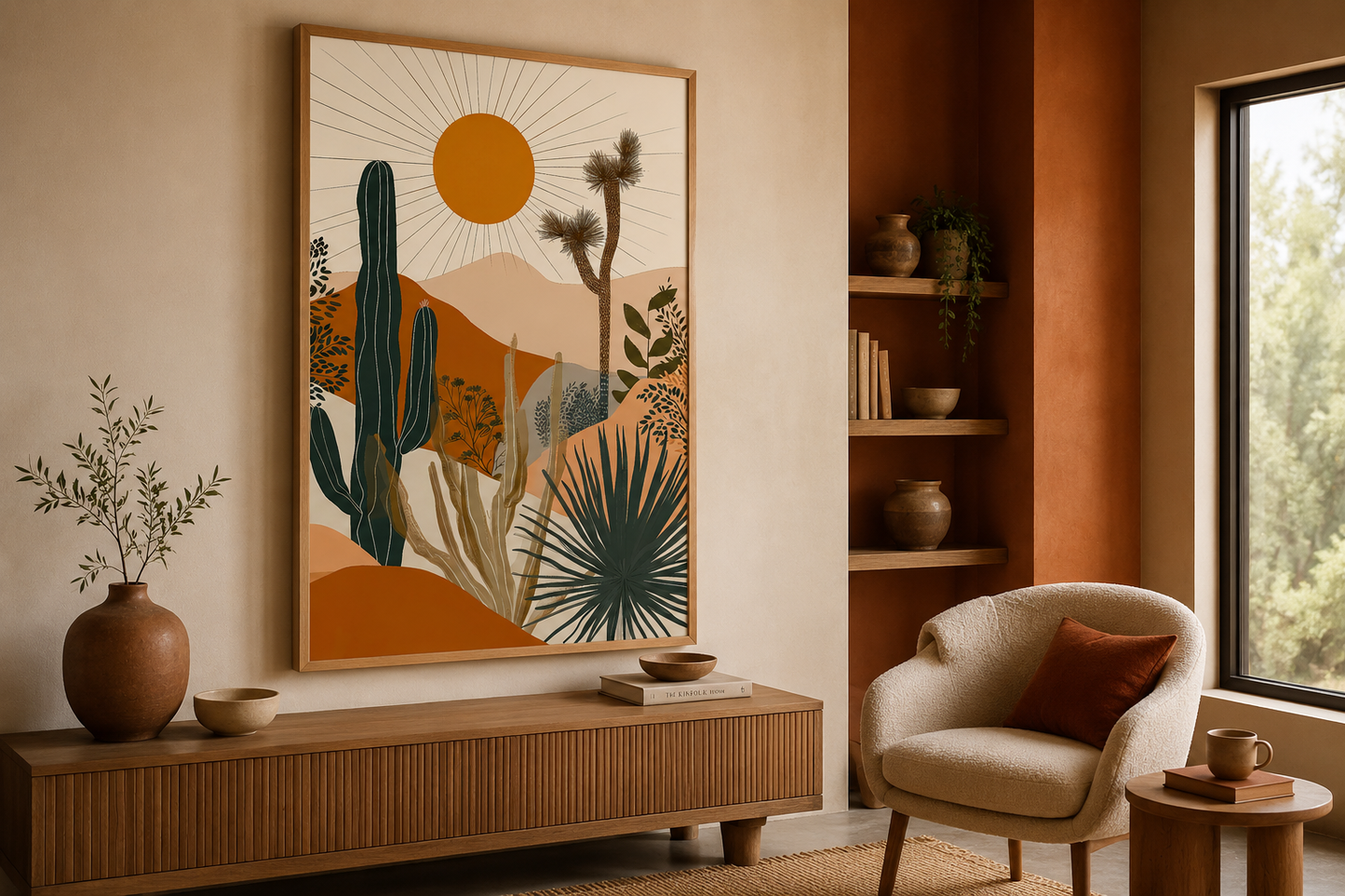 Boho Saguaro Cactus With Sun In The Desert Framed Canvas Wall Art