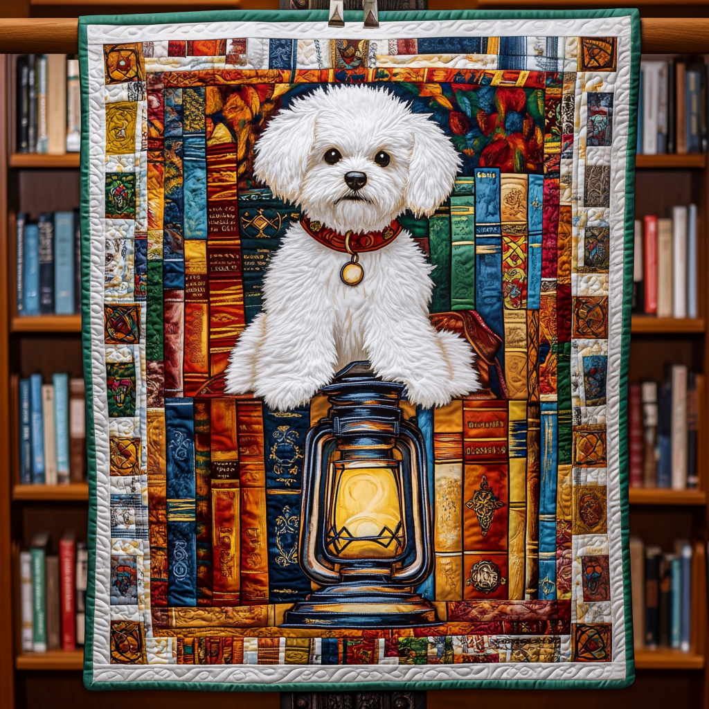 Book Nook Bichon Pup Quilted Blanket - Throw (55" x 60")
