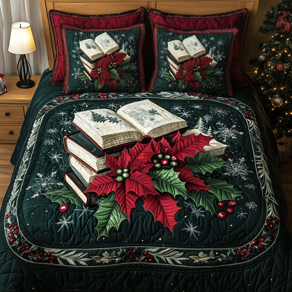 Books And Blooms 3-Piece Quilted Bedding Set - Single (59" x 70")