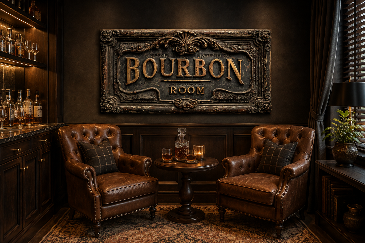 Bourbon Room Wall Art - Whiskey Bar Sign Canvas Print | Rustic Man Cave Decor