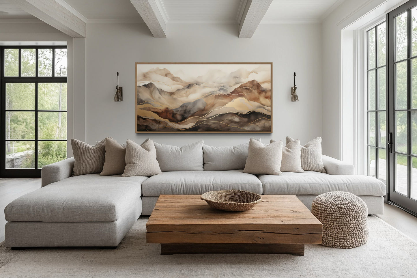 Brown Beige Abstract Marble Mountain Framed Canvas Wall Art